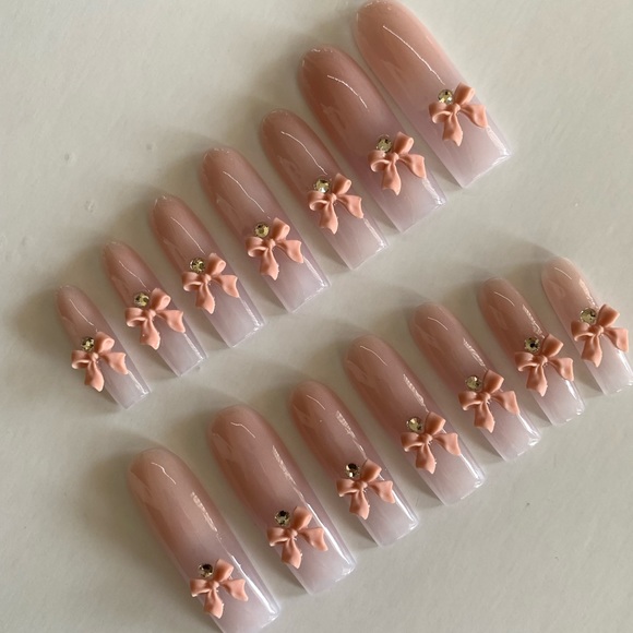 French Ombre Acrylic Nails with Nude Bows and Crystals - Picture 4 of 6